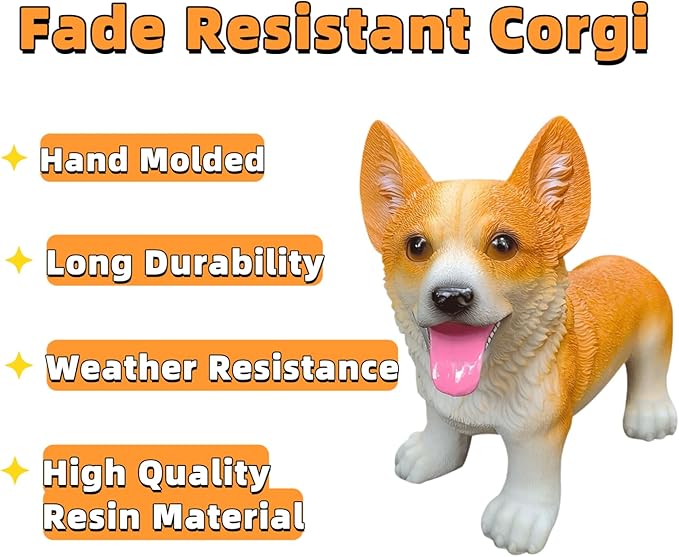 Resin Corgi Statue - Hand Painted & Fade Resistance & Weatherproof- Long Durability for Indoor and Outdoor - Garden Ornament