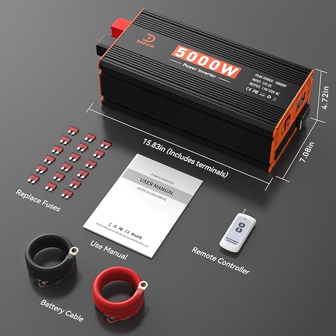 5000W Power Inverter 12V DC to 110V/120V AC Converter for RV/Truck/Boat/Camping/Off-Grid Solar Car Power Inverter Peak Power 10000W with 3 AC Outlets,USB & Type-C Port, Remote Controller & LCD Screen