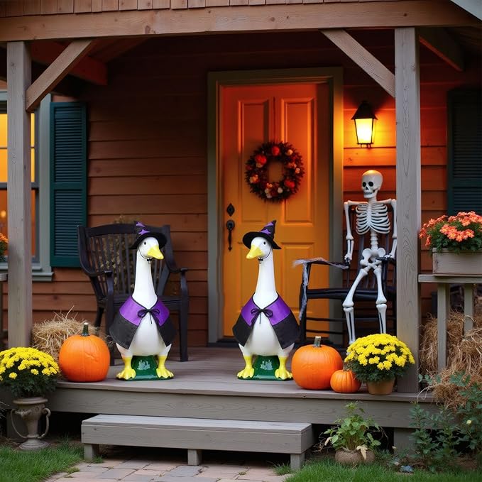 Halloween Porch Goose Outfits 23", Yard Goose Statue Clothes with Pumpkin Trick or Treat Bags, Fall Thanksgiving Outdoor Decor for Patio Lawn Garden and Porch Goode Theme (Witches Cloaks)