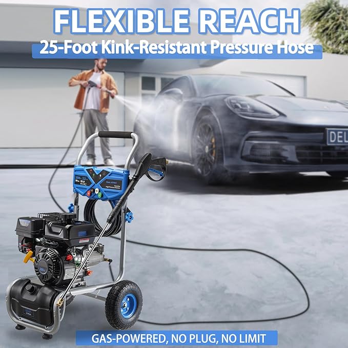 Gas Pressure Washer, 3500PSI Gas Power Washers 209CC 2.3GPM High Pressure Washers with 25FT Hose, 4 Quick-Connect Nozzles, Soap Tank, Axial Pump, Portable Pressure Washer Gas Powered for Car