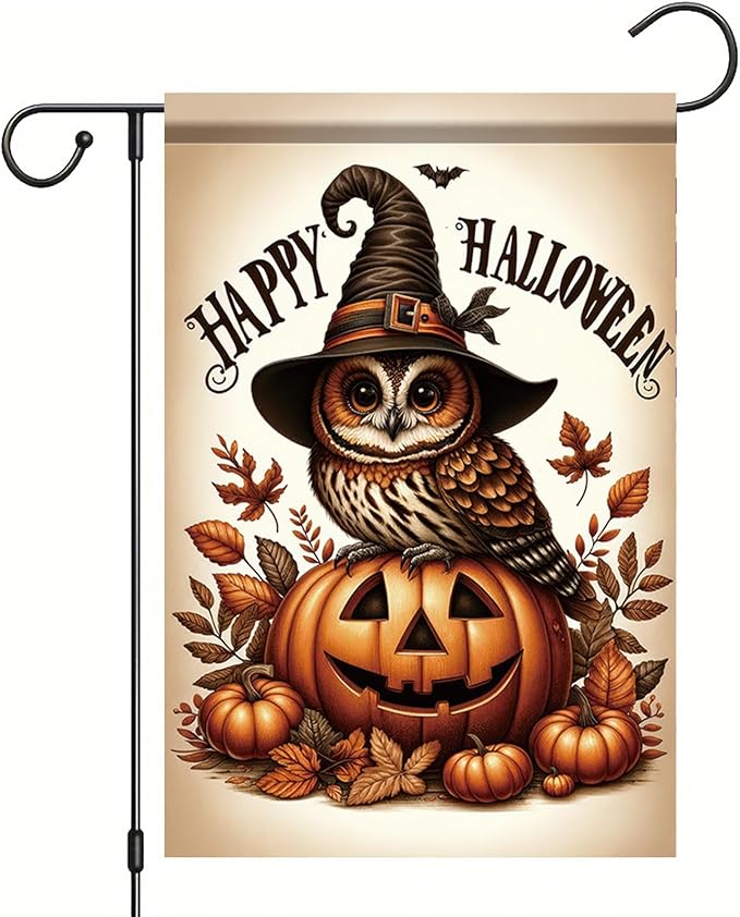 12 x 18 Inch Halloween Garden Flag Owl Pumpkin Witch Hat Outdoor Yard Decoration Double Sided Happy Halloween Banner for Outside Decorations Garden Yard Autumn Harvest Holiday Theme