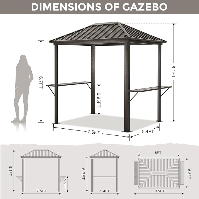 ABCCANOPY 6x8 Grill Hardtop Gazebo - Outdoor Permanent Barbecue Gazebo with Galvanized Steel Roof, Aluminum BBQ Canopy with Shelves for Patio, Lawn, Garden (Single Roof, Gray)