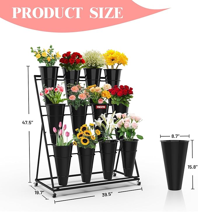 Flower Display Stand with Buckets, 3-Layers 12 PCS Buckets Plant Stand with Wheels, Movable Metal Plant Stand for Terrace Garden, Living Room, Florist Shop