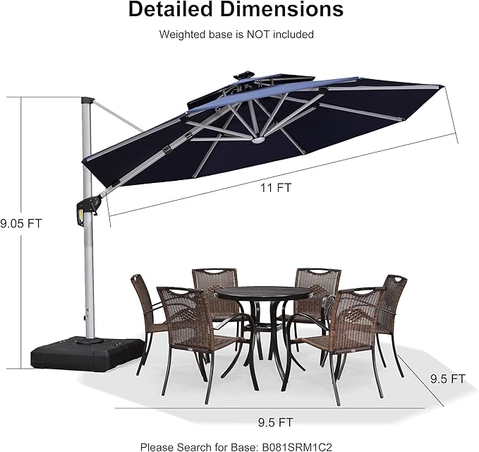 PURPLE LEAF 11ft Solar powered LED Patio Umbrella Outdoor Round Umbrellas Large Cantilever Umbrella with LED lights Windproof Offset Umbrellas Sun Umbrella for Garden Deck Pool Patio, Navy Blue