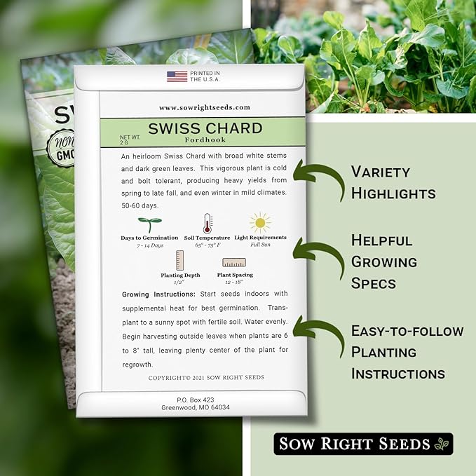 Sow Right Seeds - Fordhook Swiss Chard Seed for Planting - Non-GMO Heirloom Packet with Instructions to Plant and Grow an Outdoor Home Vegetable Garden - Nutritious, Flavorful - Great Gift (1)