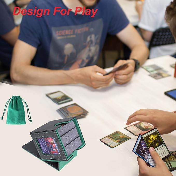 AFIING MTG Deck Box for Commander Display,Card Deck Box Fits 100 Double Sleeved Cards,Magic Commander TCG Card Storage Box with 2 Dividers,Dice Bag and Toploader Black Green