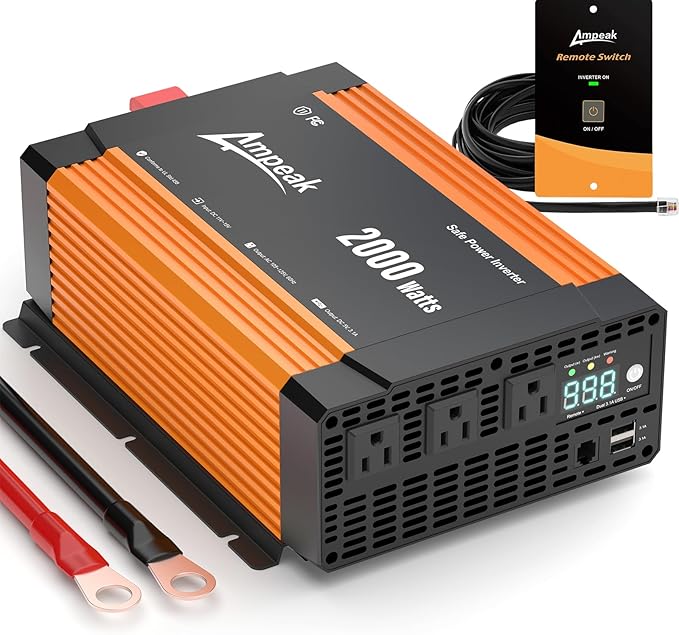Ampeak 2000W Power Inverter 12V to 110V, 89.37% High Efficiency Modified Sine Wave Inverter with 3 AC Outlets & Dual USB, for RV Truck Camping & Home Emergency Use (4000W Peak)