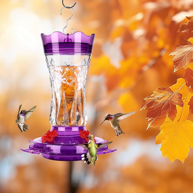 BOLITE Glass Hummingbird Feeders for Outdoors Hanging, Built-in Ant Moat, 4 Bee Guard Feeding Ports with Perches, Leak Proof, 15 Ounces, Stars Decor, Purple, Gifts for Women Men, Gifts for Mom Dad