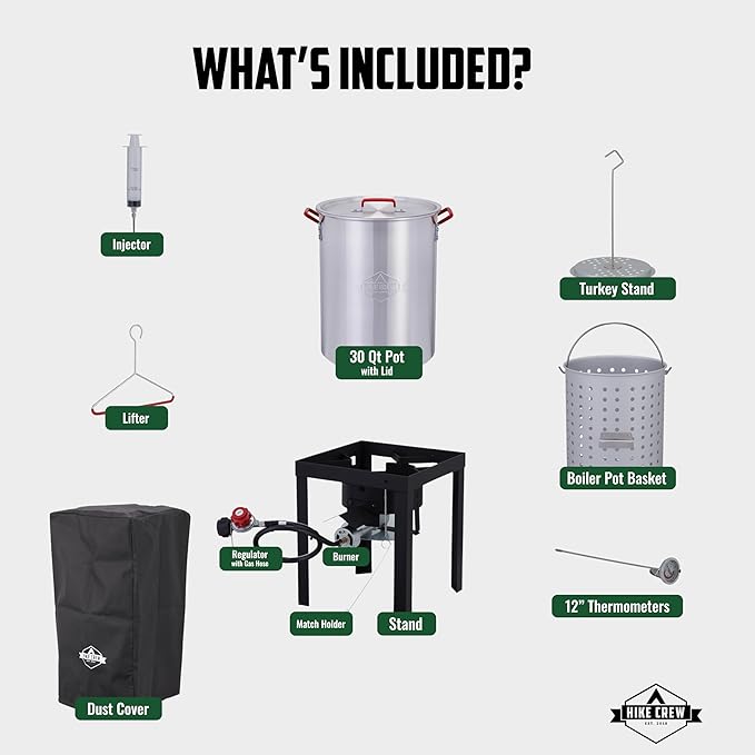 Hike Crew Outdoor Turkey Fryer Kit - Complete Kit for Steaming, Boiling & Frying with 30Qt Boiler Pot, Fry Basket, 12” Thermometer, Injector, Lifter, Turkey Stand, Gloves, Storage Cover & More