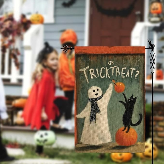 Trick or Treat Garden Flag Ghost Teasing Black Cat Holiday Garden Flag Pumpkins Vertical Double Sided Rustic Farmland Burlap Yard Lawn Outdoor Decor 12.5x18"
