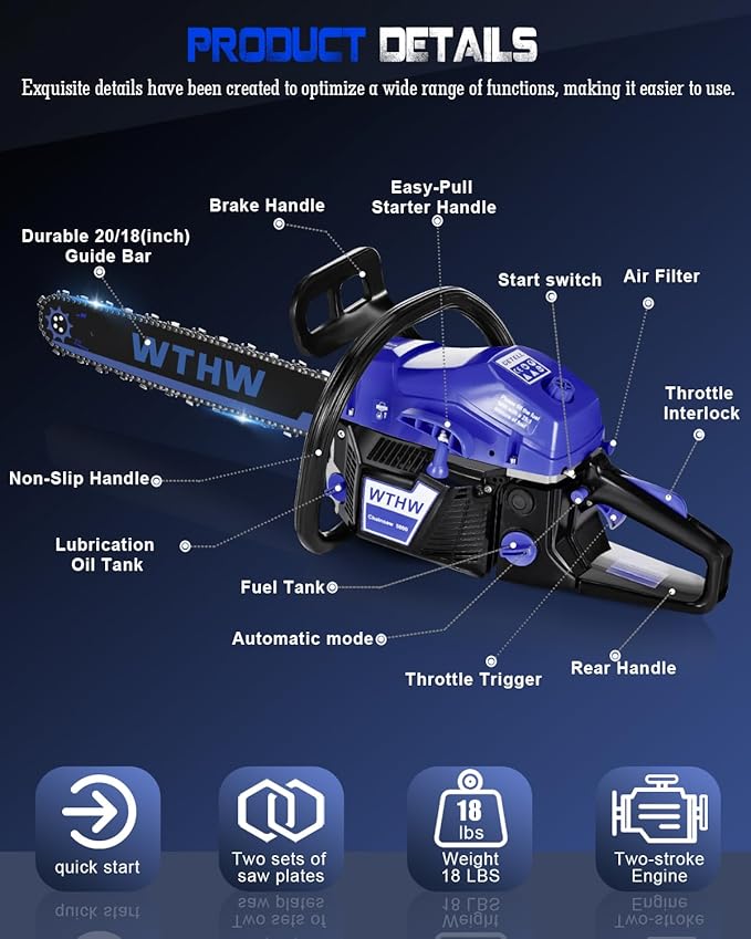58 cc Gas Powered Chainsaw, 20 in & 18 in Quick-Switch Bars – 550 ml Fuel 260 ml Oil Tanks, Automatic Chain Oiler, Centrifugal Air Filter, Quick Start, Inertial Chain Brake (WH5806)