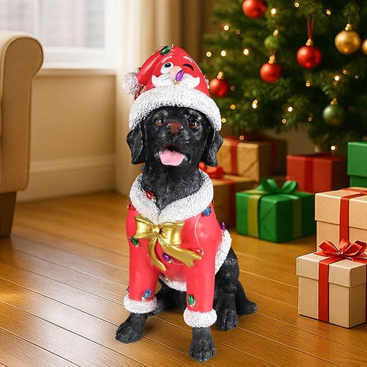 Christmas Outdoor Decoration Dog Statue, LED Light Cute Labrador Dog Sculpture with Pink Santa Outfit & Lights for Garden and Yard, Indoor Holiday Décor Gift for mom and dad