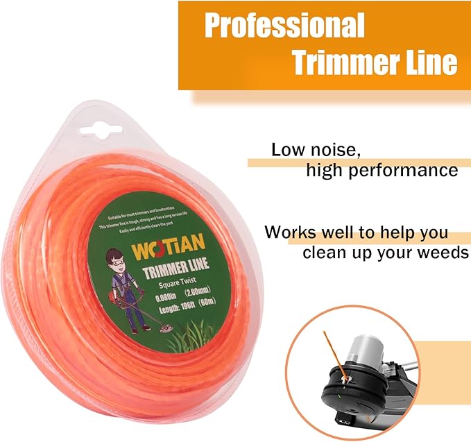 WOTIAN 080 Square Twisted Trimmer line 0.080-Inches Weed Eater String 196-Foot Square Twist Weed Wacker String of Nylon Compatible with Stihl Echo Universal Grass Cordless Electric Trimmer,Orange