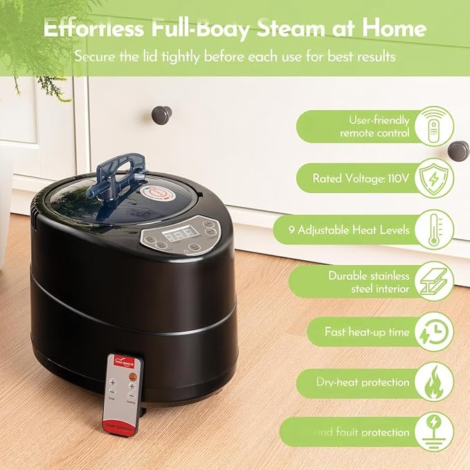 Portable Home Sauna Box for Relaxation & Detoxification with 1500W Steamer, Remote Control, Foldable Chair, Soothing Red Light, 3L Tank, Diatom Mat, 9 Levels, Foldable Design, 30.5 x 30.5 x 69.9 in