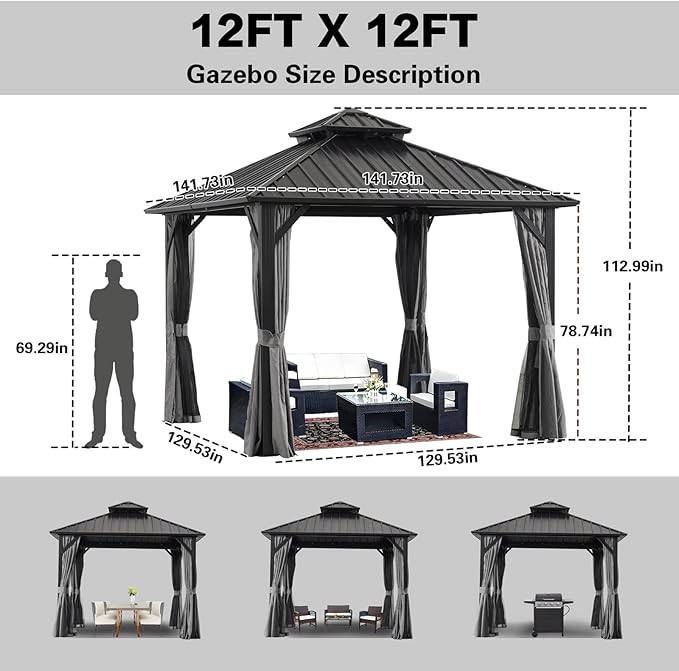 Endark 12x12FT Outdoor Hardtop Double Roof Gazebo with Galvanized Steel Roof, Heavy Duty Metal Frame Canopy with Mosquito Netting and Privacy Curtains (12 * 12FT)