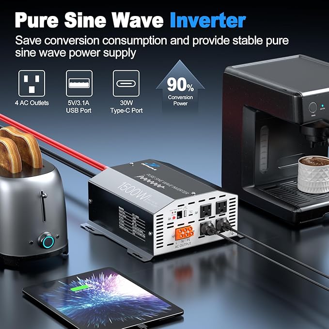 1500 Watt Pure Sine Wave Inverter 12v DC to 110v 120v AC Converter,3000W Peak Power Inverter with 4 AC Outlets,USB Port,Type-C,Remote Control LCD Display for Truck, RV, Vehicles, Solar Off-Grid