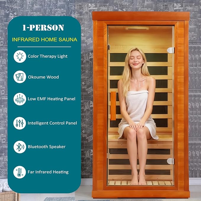 Far Infrared Saunas for Home, 1 Person Sauna Indoor Okoume Wood 1170W Low Emf Dry Sauna Room with Bluetooth Audio, 7 Heaters Panels and Tempered Glass Door (Red, 31.5" * 31.5" * 63.3")