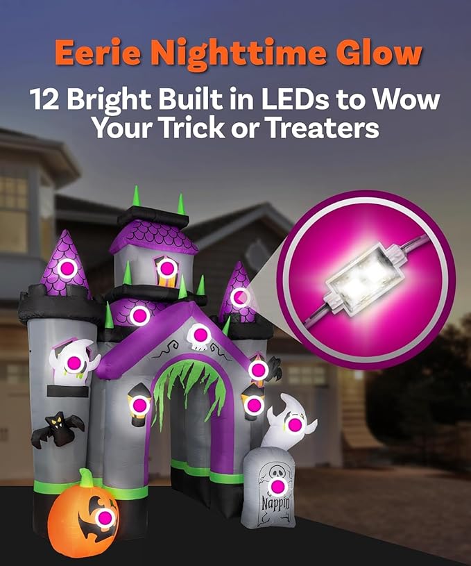 12FT Tall Halloween Inflatable Haunted House Castle, Halloween Blow Up Haunted House Inflatables Built-in 12 Bright LEDs for Halloween Inflatable Outdoor Yard Lawn Garden Decoration