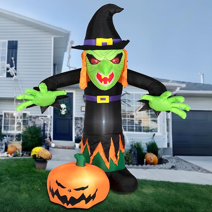 ININ 8FT Halloween Inflatable Witch Decorations Outdoor Built-in LED Lights,Halloween Blow Up Yard Decorations,Scary Party Decorations,Haunted House Decor,for Yard/Lawn/Garden.