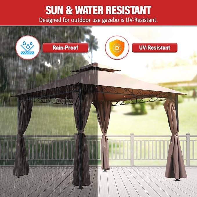 10'x13' Outdoor Patio Canopy Rain-Proof Pop Up Gazebo UV-Resistant Canopy Tent with Double Roof Tops Curtain for Backyard, Patio and Garden, Brown