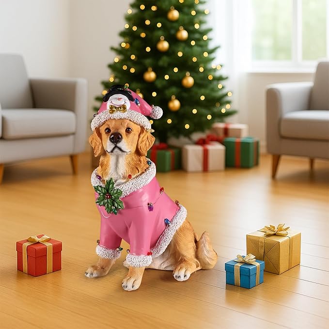 Christmas Outdoor Decoration Dog Statue, LED Light Cute Golden Retriever Dog Sculpture with Pink Santa Outfit & Lights for Garden and Yard, Indoor Holiday Décor Gift for mom and dad