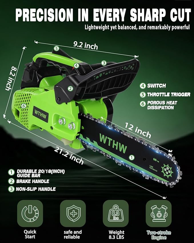25.4CC Gas Powered Chainsaw 12 Inch, Lightweight Top Handle Handheld Chainsaw with Quenched Chain, Auto Lubrication, Safety Lock & Quick Stop for Tree Wood Cutting