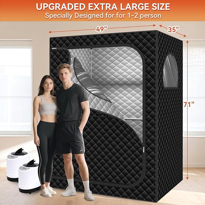Home Sauna Portable, Upgraded Extra Large 2 Person Sauna Box with 2x3L 1300w Steamer, 2 Big Folding Chair, 9 Levels Heat, Timer,Remote Control - Steam Sauna Room Tent for Home Spa 71”x 49”x 35”, Black