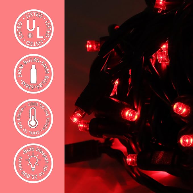 50 LED 5MM Red Christmas Lights, 17FT Indoor/Outdoor String Light, Mini Lights for Garden, Patio, Christmas Trees - Green Wire, Commercial Grade, UL Listed