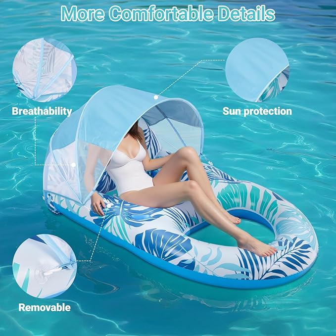 Pool Floats for Adults with Canopy,Grand Extra Large Inflatable Chair Lounger Floaties with Adjustable Sun Shade Cover, Drink Holder,Travel Pool Beach Lake Swim Inflatables Water Floating Rafts