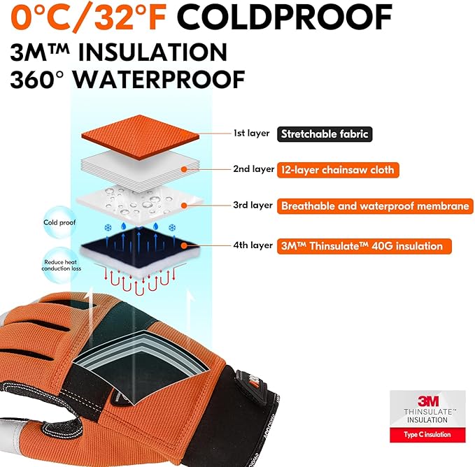 Vgo... 1-Pair 0℃/32°F Chainsaw Gloves, 12-Layer Chainsaw Protection on Left Hand Back, Safety leather Work Gloves, Mechanic Gloves(Size XL, Lined Orange,GA8912FWCS)