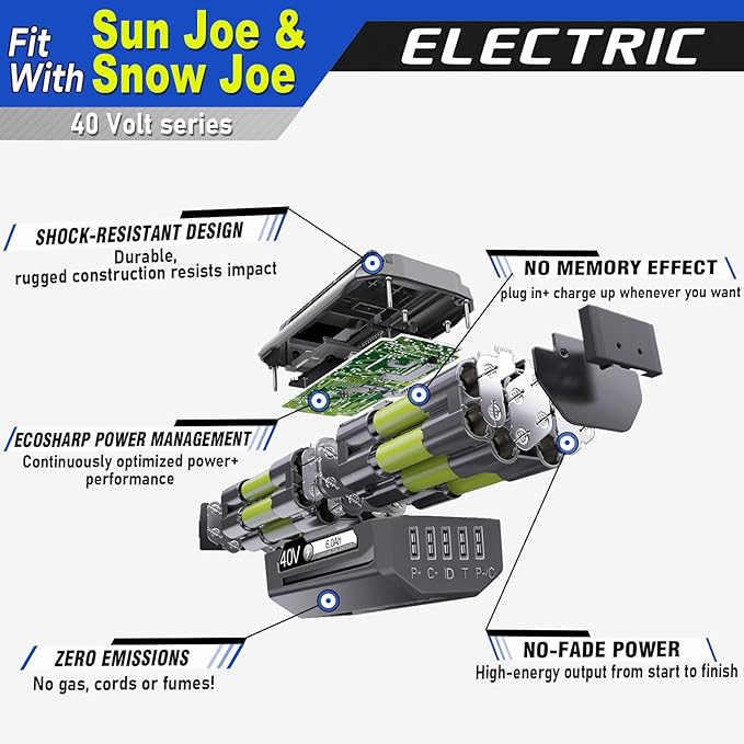 【Upgrade!】 40V 6.0Ah Replacement Battery for Snow Joe/Sun Joe Ecosharp 40V Tools Lithium-ion Battery Snow Blower Lawn Mower Pressure Washer. 40V Wireless iON Models
