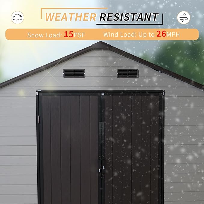 LANTRO JS Outdoor Storage Shed, 8x8x7.6FT Plastic Storage Shed with 2 Windows and Strong Aluminum Frame for Garden Tools, Bike, Lawnmower, White and Brown
