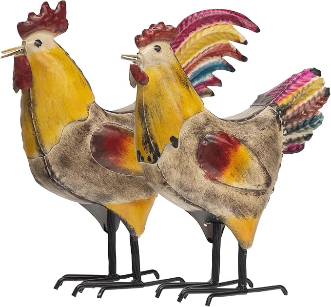 MODE HOME 2 Piece Metal Rooster Yard Decor Set, 12" Outdoor Chicken Statue for Garden, Farmhouse and Patio, Hand-Painted Metal Chicken Figurine, Rustic Chicken Yard Art and Outdoor Rooster Decor