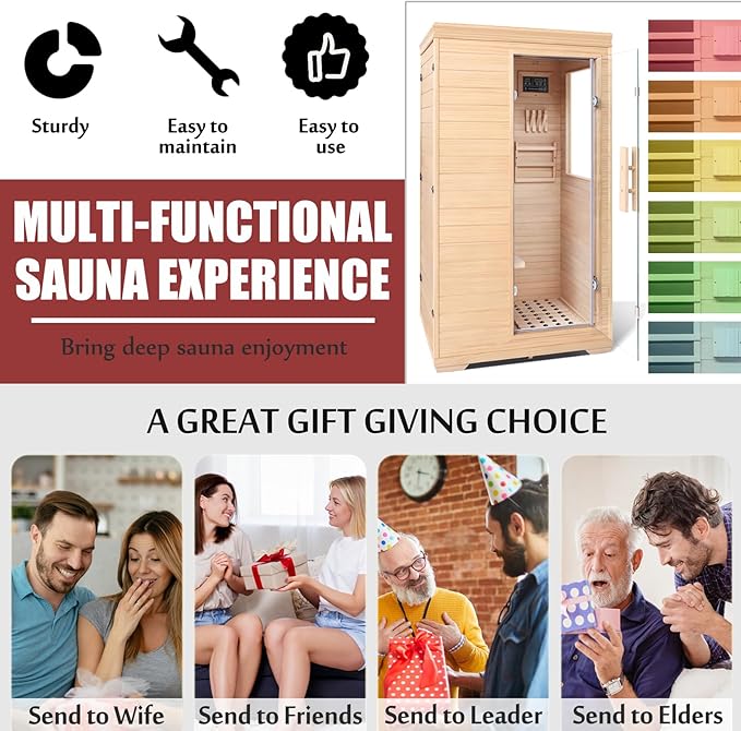 Far Infrared Sauna for 1 Person - 1050W Fast Heating, Canadian Hemlock Wood Home Sauna with Bluetooth Speaker, Chromotherapy & Oxygen Ionizer Easy Assembly Indoor Sauna for Relaxation, Detox, Home Gym