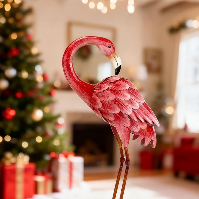 Shorayn Garden Statues Flamingo Sculptures Metal Yard Art, Pink Bird Art Outdoor Backyard Decor Patio Lawn Porch Ornament Flamingo Yard Decoration