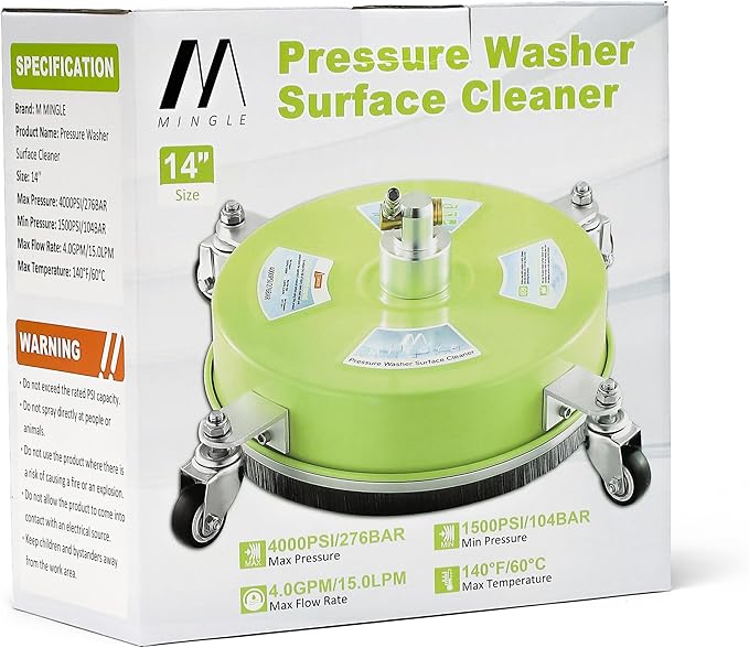 M MINGLE 14'' Pressure Washer Surface Cleaner, Stainless Steel Pressure Washer Attachments with 4 Wheels for Driveway and Concrete Cleaning, 1/4" Quick Connect, 2 Extension Wands, 4000 PSI