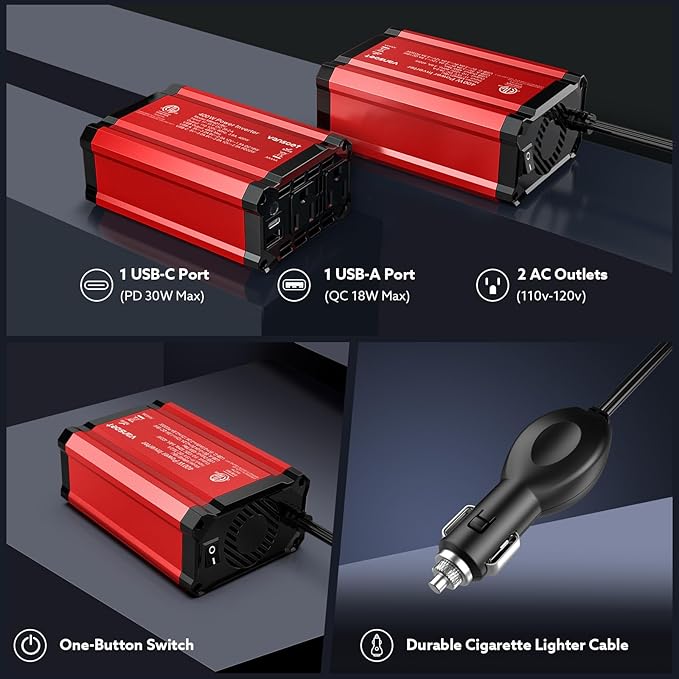 400W Power Inverter: vansoet DC 12V to AC 110V Car Inverter Plug Adapter Outlet Converter with PD 30W USB C Port and QC 18W USB Port Car Plug Adapter Outlet Inverter for Vehicles Laptop Phones Camera