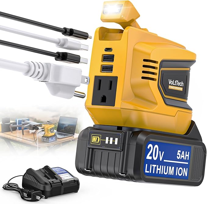 Real 200W Power Inverter Compatible With Dewalt 20V, VoLtTech Battery Inverter DC 20V to AC 110V-120V, Phone Charger Power Adapter with a 5AH Battery & Charging Station, with 2 USB-A & 1 Type-C & 1 AC