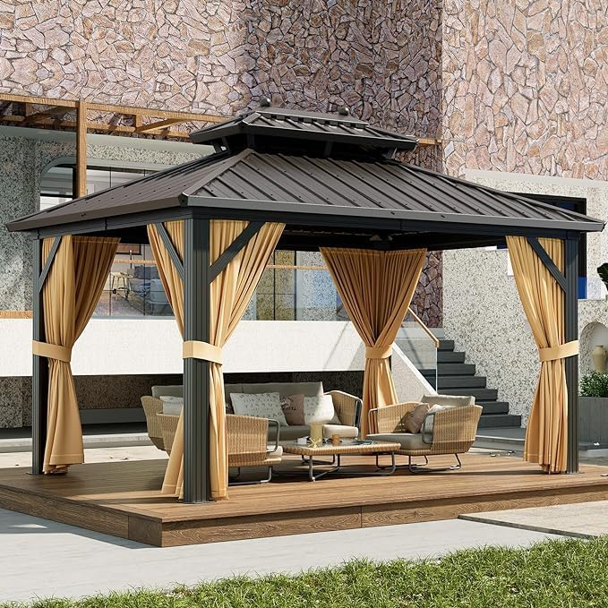 12'x10' Hardtop Gazebo, Heavy Duty Aluminum Permanent Hardtop Gazebo Outdoor Pavilion with Curtains and Netting for Garden