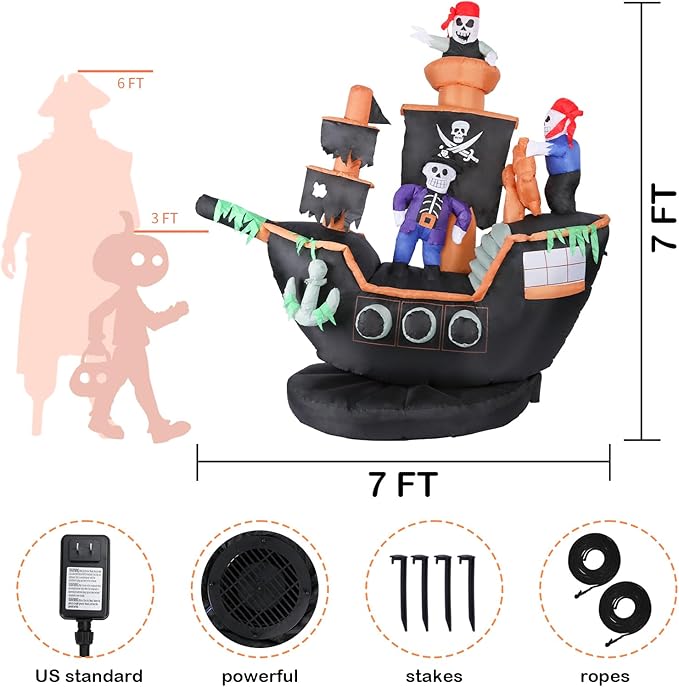 VCUTEKA 7FT Halloween Inflatable Skeletons Ghosts on Pirate Ship Outdoor Decoration, Blow Up Decor with LED Lights for Holiday Party Yard Lawn Inflatables Home Family Outside