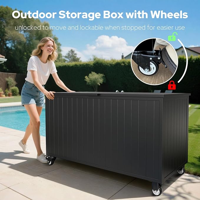 150 Gallon Outdoor Storage Box with Wheels, Metal Deck Box Waterproof, UV Resistant Patio Storage Box with Lid for Patio Furniture, Garden Tools, Outdoor Cushion (Charcoal)
