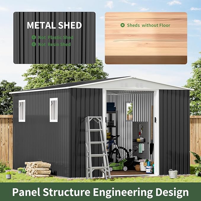 10FT x 8FT Outdoor Storage, Metal Anti-Corrosion Utility Tool House with Lockable Door & Shutter Vents，Outdoor Waterproof Garden Tool Storage Sheds