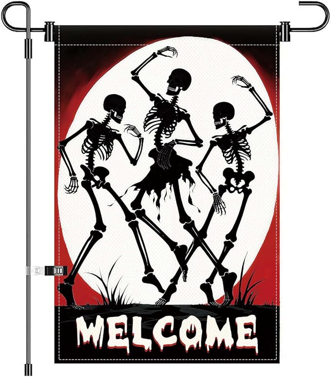 Halloween Skull Welcome Garden Flags 12 x 18 Inch Dancing Skeleton Flag Double Sided Gothic Outdoor House Yard Banner Farmhouse Holiday Outside Decoration Yard Flag