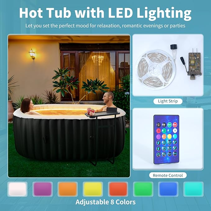 Inflatable Hot Tub with LED Lights, 2 Person Oval Portable Blow up Hot Tub Spa with Side Table, Leak-Proof PVC Outdoor Spa with 100 Air Jets, Heater Pump and Insulated Cover, 75” L X 47”W X 25”H