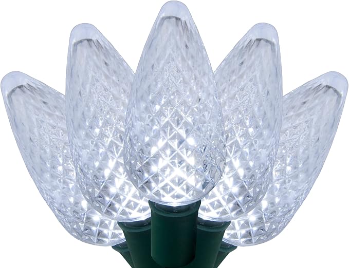 C9 LED Faceted Cool White Prelamped Light Set, Green Wire - 25 C9 Cool White LED Christmas Lights, 8" Spacing