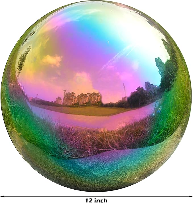 Nerien 12 Inch Gazing Ball, Stainless Steel Garden Mirror Globe, Polished Ornament Sphere, Hollow Floating Reflective Hemisphere, Home Outdoor Pond Housewarming Swimming Pool Decoration Gift, Rainbow