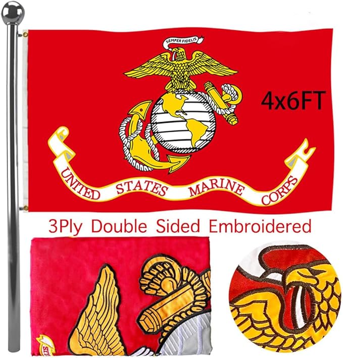 Jayus Embroidered US Marine Corps Military Flags 4x6 Outdoor - 340D Heavy Duty Nylon Double Sided USMC Flag Banner with 2 Grommets