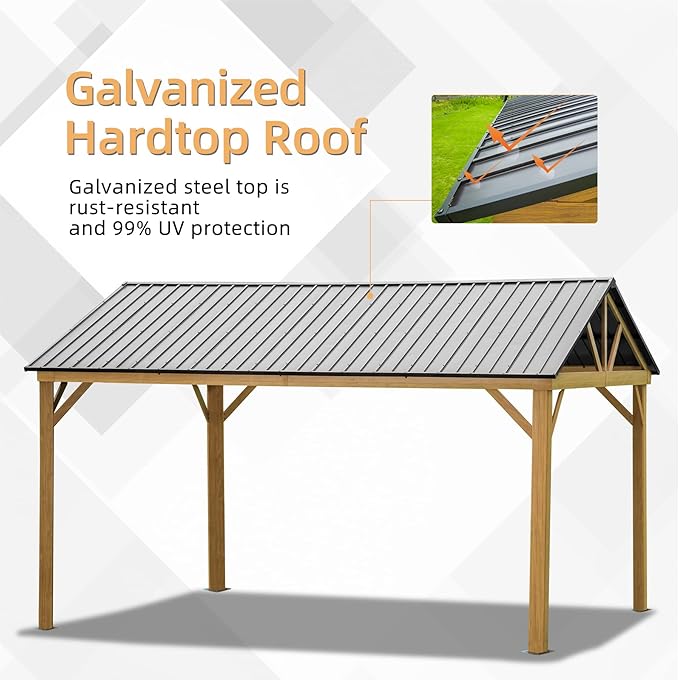 Domi 12’x14’ Hardtop Gazebo Outdoor Aluminum Gazebo with Galvanized Steel Gable Roof for Lawn and Garden(Wood-Looking)