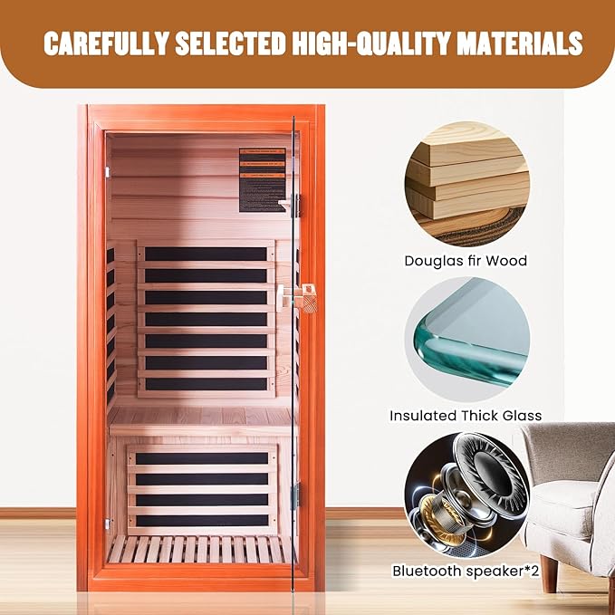Sauna, Far Infrared Saunas for Home 1 Person Wooden Sauna 1065W/120V Low Emf Dry Sauna Indoor Sauna Room Douglas Fir with Tempered Glass Door/Speakers/Air Hole and Colorful Lighting - 31.5*31.5*63 in