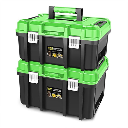 ‎DNA MOTORING 2pcs Tool Boxes Set - Lockable Organizer Storage Portable Toolbox with Removable Tray for Workshop Garage & Household, Large Capacity, TOOLS-00310-GR